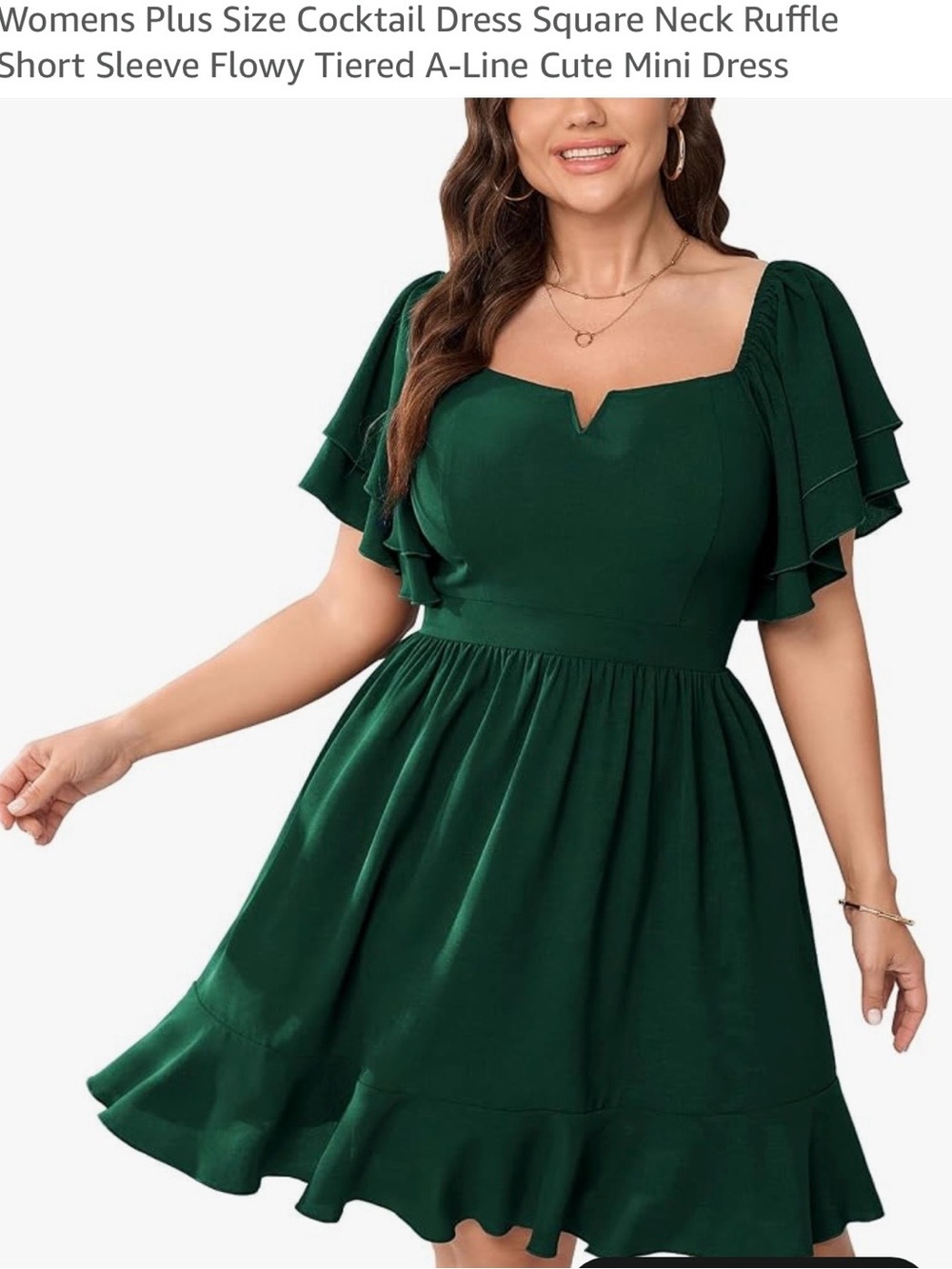 Plus Size Green A-Line Ruffle Sleeve Mini Dress